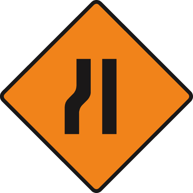 Road sign: Road narrows from left