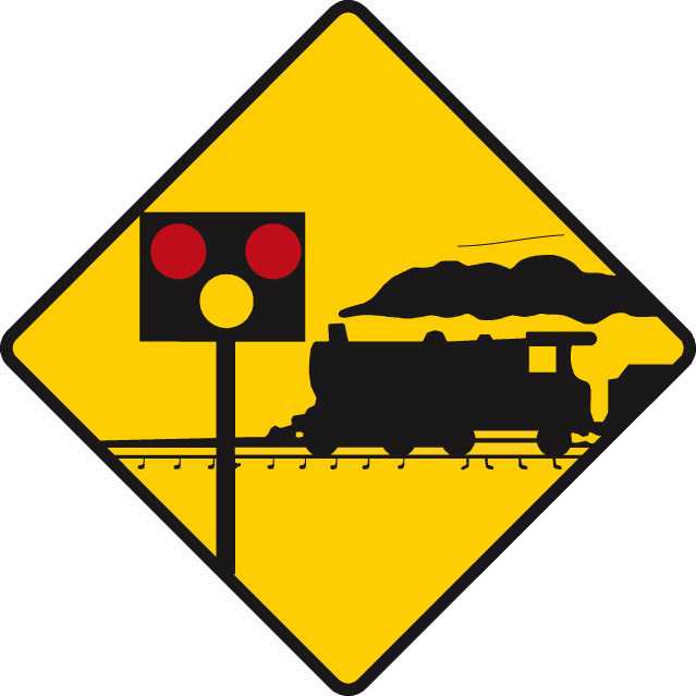 Level crossing ahead protected by lights and barriers