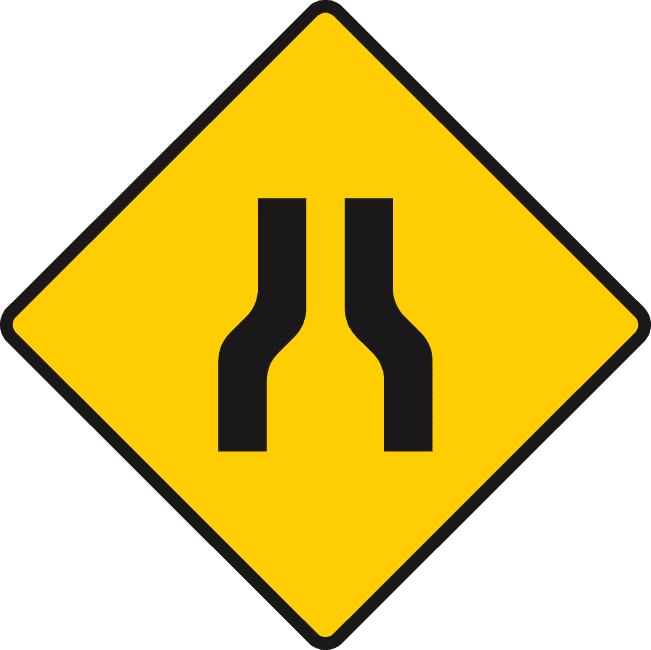 Road narrows on both sides