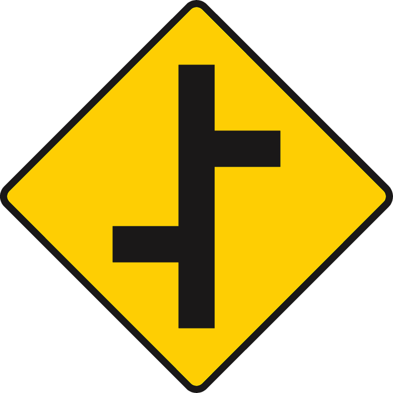 Staggered crossroads ahead with roads of equal importance